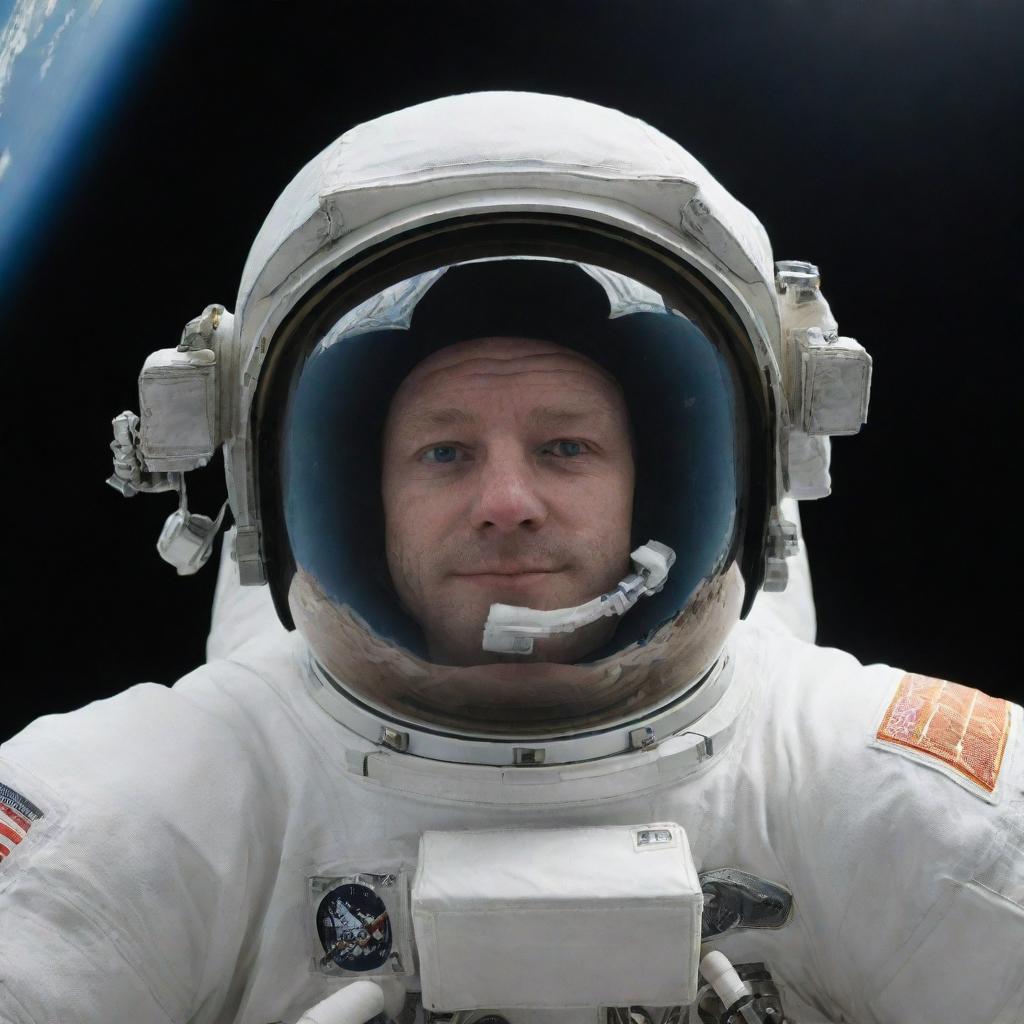 A detailed image of an astronaut in space, with Earth visible in the backdrop. The astronaut is floating in zero gravity, with his reflection on the visor of his helmet.