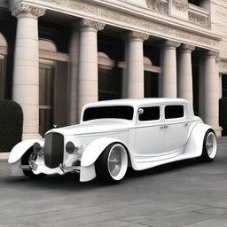 Create a custom wide stance white supercar that is a fusion of a 1932 Buick Victoria 4 door sedan and a Lamborghini