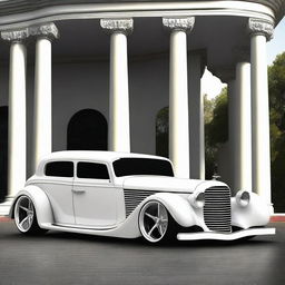 Create a custom wide stance white supercar that is a fusion of a 1932 Buick Victoria 4 door sedan and a Lamborghini