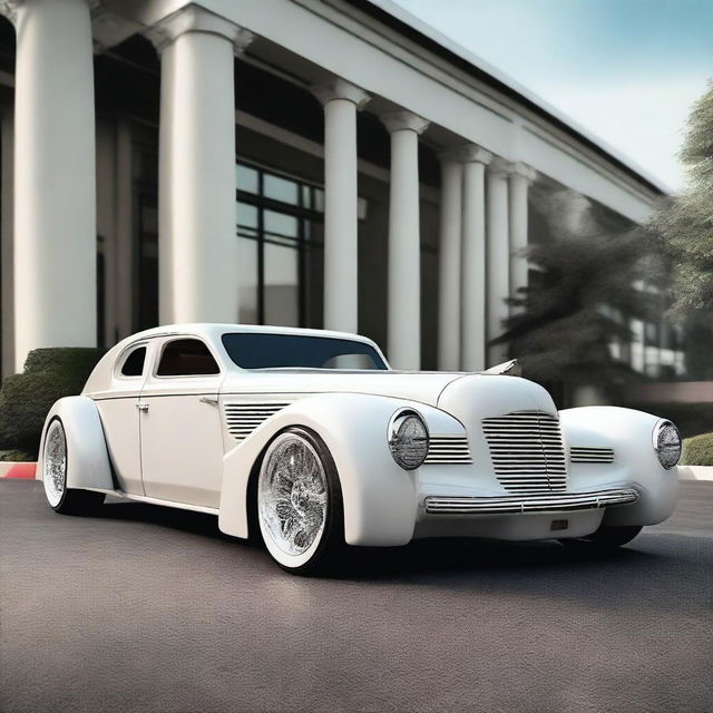 Create a custom wide stance white supercar that is a fusion of a 1932 Buick Victoria 4 door sedan and a Lamborghini