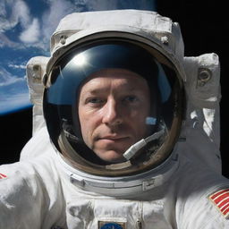 A detailed image of an astronaut in space, with Earth visible in the backdrop. The astronaut is floating in zero gravity, with his reflection on the visor of his helmet.