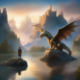 A captivating fantasy book cover featuring a mystical landscape with towering mountains, a crystal-clear lake, and an ancient castle in the background