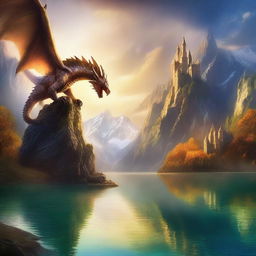 A captivating fantasy book cover featuring a mystical landscape with towering mountains, a crystal-clear lake, and an ancient castle in the background