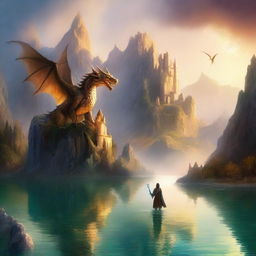 A captivating fantasy book cover featuring a mystical landscape with towering mountains, a crystal-clear lake, and an ancient castle in the background