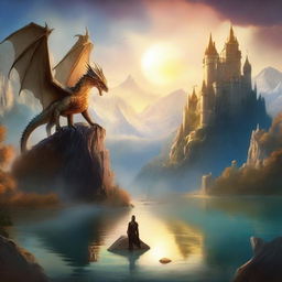 A captivating fantasy book cover featuring a mystical landscape with towering mountains, a crystal-clear lake, and an ancient castle in the background