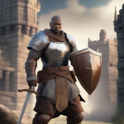 A male variant human fighter with brown skin, wearing medieval armor, holding a sword and shield