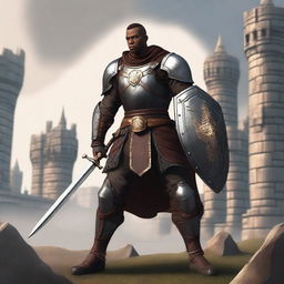 A male variant human fighter with brown skin, wearing medieval armor, holding a sword and shield