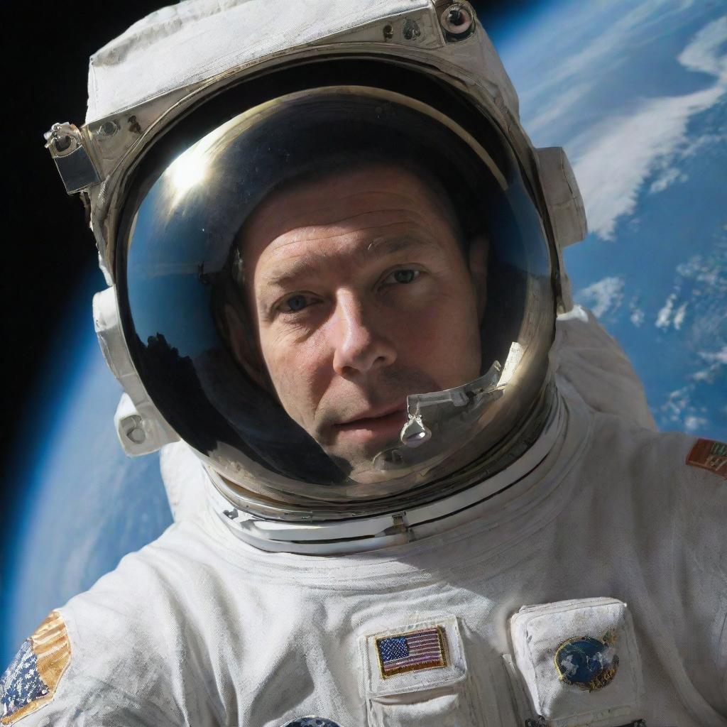 A detailed image of an astronaut in space, with Earth visible in the backdrop. The astronaut is floating in zero gravity, with his reflection on the visor of his helmet.