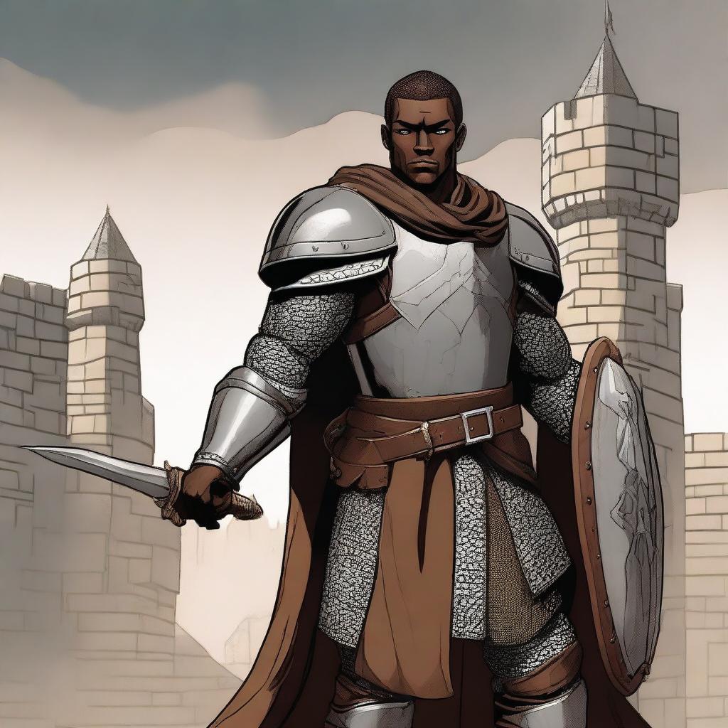 A male variant human fighter with brown skin, wearing medieval armor, holding a sword and shield