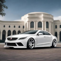 Create a custom wide, tall stance white supercar that is a fusion of a 1932 Buick Victoria 4 door sedan and a Lamborghini