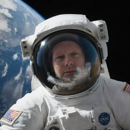 A detailed image of an astronaut in space, with Earth visible in the backdrop. The astronaut is floating in zero gravity, with his reflection on the visor of his helmet.