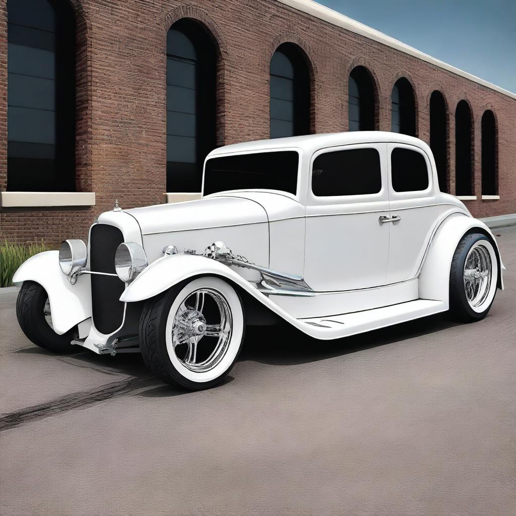 Create a custom wide tall stance white supercar that is a fusion of a 1932 Buick Victoria 4 door sedan and a Lamborghini