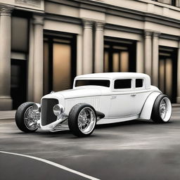 Create a custom wide tall stance white supercar that is a fusion of a 1932 Buick Victoria 4 door sedan and a Lamborghini