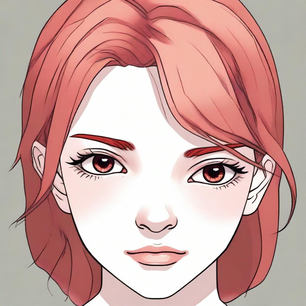 Create an image of a red-haired girl with pale skin and gray eyes