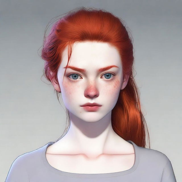 Create an image of a red-haired girl with pale skin and gray eyes