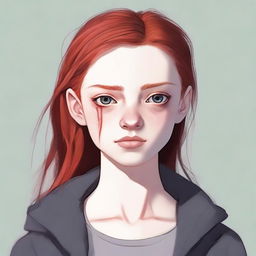 Create an image of a red-haired girl with pale skin and gray eyes