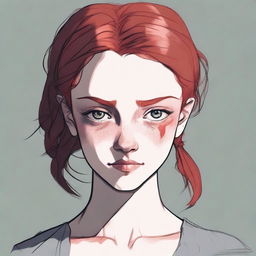 Create an image of a red-haired girl with pale skin and gray eyes