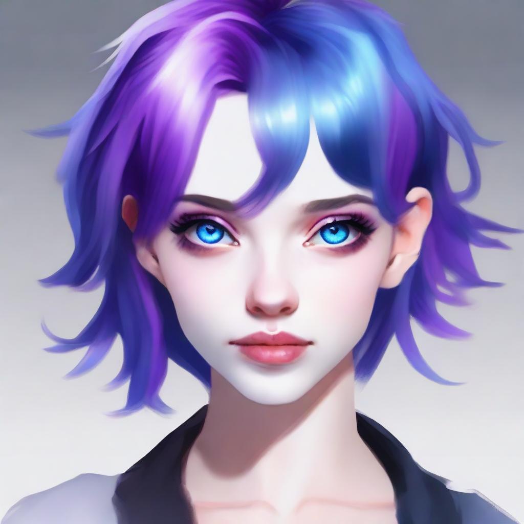 Create an image of a girl with purple and blue hair, pale skin, and blue eyes