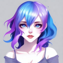 Create an image of a girl with purple and blue hair, pale skin, and blue eyes