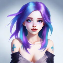 Create an image of a girl with purple and blue hair, pale skin, and blue eyes