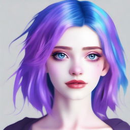 Create an image of a girl with purple and blue hair, pale skin, and blue eyes