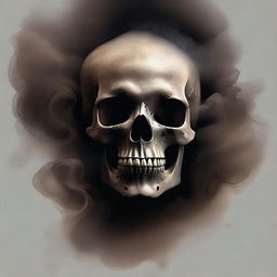 A detailed illustration of a skull enveloped in swirling brown smoke and surrounded by an aura of darkness