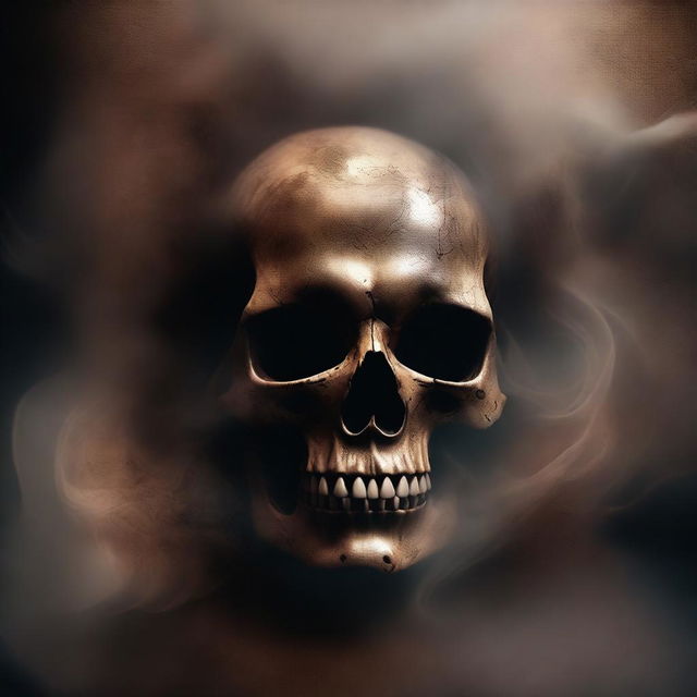 A detailed illustration of a skull enveloped in swirling brown smoke and surrounded by an aura of darkness