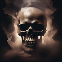 A detailed illustration of a skull enveloped in swirling brown smoke and surrounded by an aura of darkness