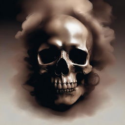 A detailed illustration of a skull enveloped in swirling brown smoke and surrounded by an aura of darkness