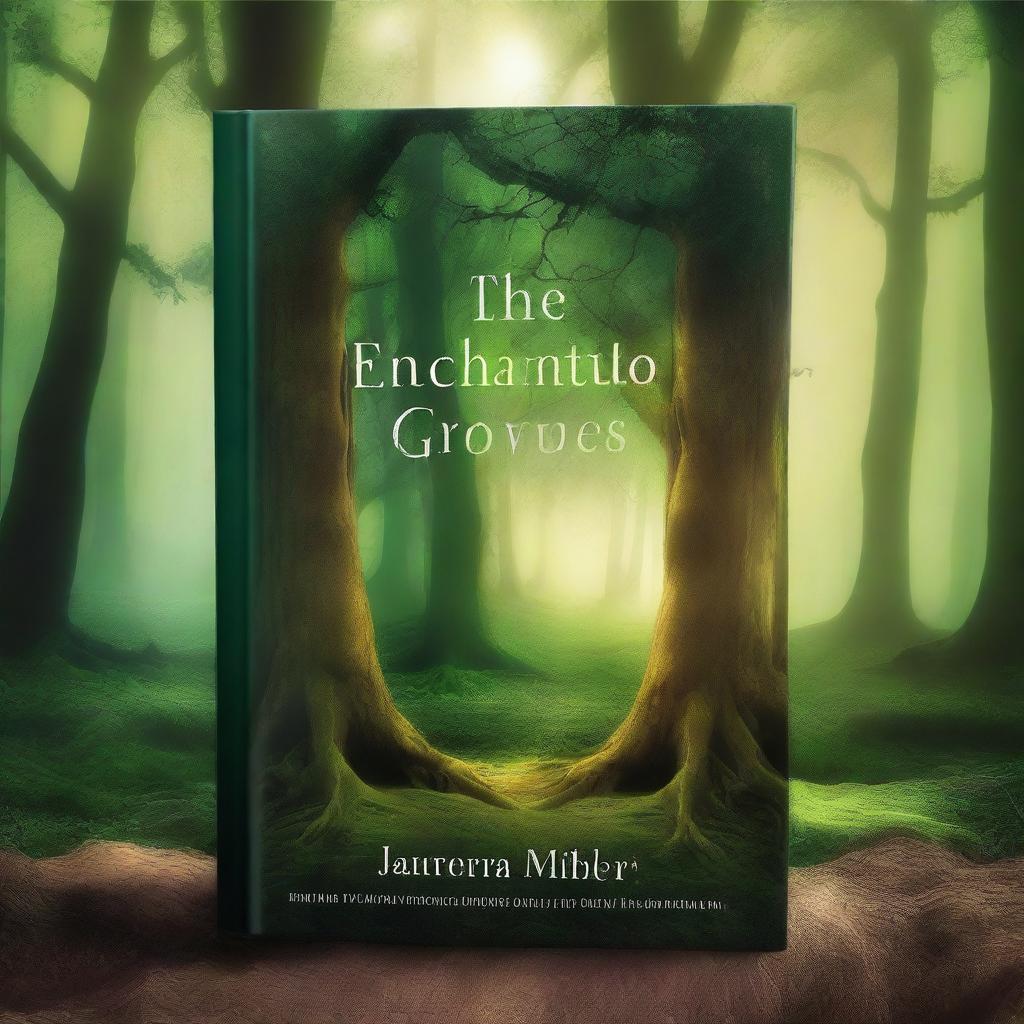 A captivating book cover featuring a mystical forest with ancient trees, a hidden path, and a glowing aura