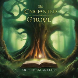 A captivating book cover featuring a mystical forest with ancient trees, a hidden path, and a glowing aura