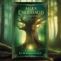 A captivating book cover featuring a mystical forest with ancient trees, a hidden path, and a glowing aura