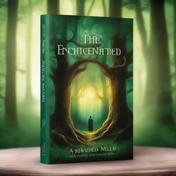 A captivating book cover featuring a mystical forest with ancient trees, a hidden path, and a glowing aura