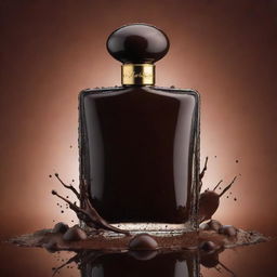 A detailed, glossy poster featuring a perfume bottle made of rich, luxurious dark chocolate, with the fragrance of cocoa emanating from it. Splashes of chocolate droplets enhance the vibrant, vivid colors of the background.