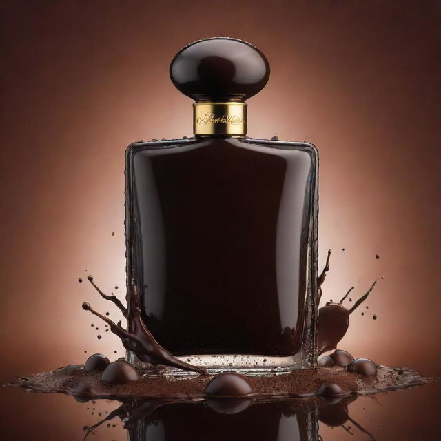 A detailed, glossy poster featuring a perfume bottle made of rich, luxurious dark chocolate, with the fragrance of cocoa emanating from it. Splashes of chocolate droplets enhance the vibrant, vivid colors of the background.