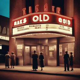 A classic movie theater with a vintage marquee displaying the names of old movies