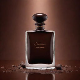 A detailed, glossy poster featuring a perfume bottle made of rich, luxurious dark chocolate, with the fragrance of cocoa emanating from it. Splashes of chocolate droplets enhance the vibrant, vivid colors of the background.