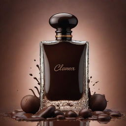 A detailed, glossy poster featuring a perfume bottle made of rich, luxurious dark chocolate, with the fragrance of cocoa emanating from it. Splashes of chocolate droplets enhance the vibrant, vivid colors of the background.