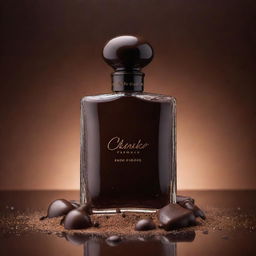 A detailed, glossy poster featuring a perfume bottle made of rich, luxurious dark chocolate, with the fragrance of cocoa emanating from it. Splashes of chocolate droplets enhance the vibrant, vivid colors of the background.