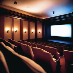 A detailed image of the inside of a movie theater with rows of comfortable seats and a large projector projecting a movie onto a white screen