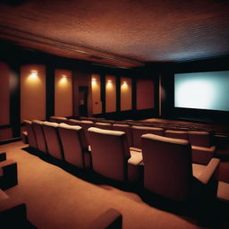 A detailed image of the inside of a movie theater with rows of comfortable seats and a large projector projecting a movie onto a white screen