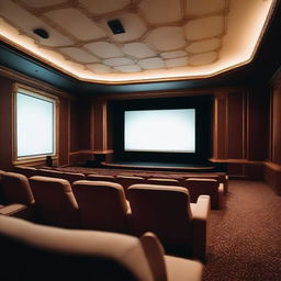 A detailed image of the inside of a movie theater with rows of comfortable seats and a large projector projecting a movie onto a white screen