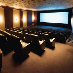 A detailed image of the inside of a movie theater with rows of comfortable seats and a large projector projecting a movie onto a white screen