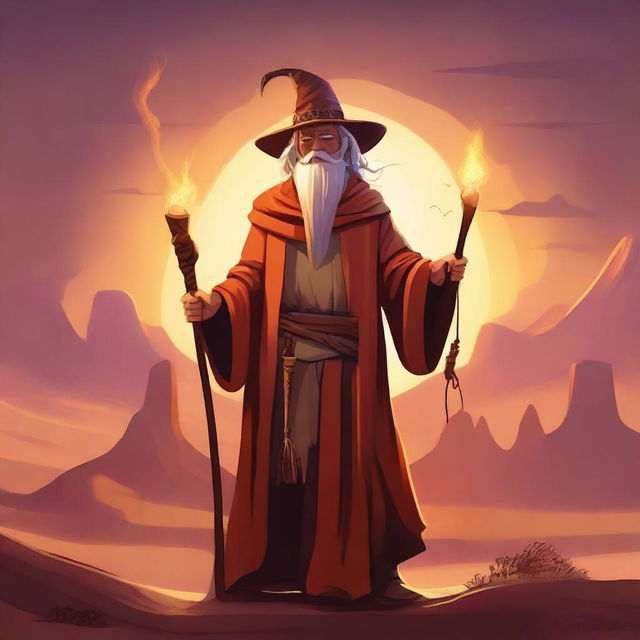 A wizard cowboy standing in a desert landscape, wearing a cowboy hat and a wizard's robe, holding a magical staff that glows with mystical energy