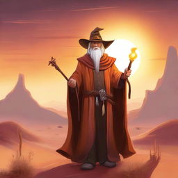 A wizard cowboy standing in a desert landscape, wearing a cowboy hat and a wizard's robe, holding a magical staff that glows with mystical energy