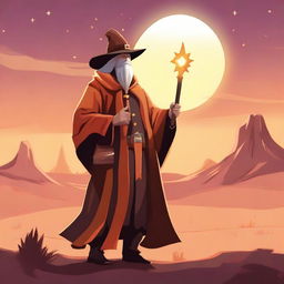 A wizard cowboy standing in a desert landscape, wearing a cowboy hat and a wizard's robe, holding a magical staff that glows with mystical energy