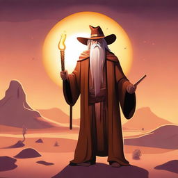 A wizard cowboy standing in a desert landscape, wearing a cowboy hat and a wizard's robe, holding a magical staff that glows with mystical energy