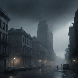 A dystopian apocalyptic city inspired by H.P. Lovecraft. Imbue the scene with a feeling of unease and danger, under a dark sky with caustic effects. Fill the atmosphere with fog and smoke. Render this in 4k resolution.