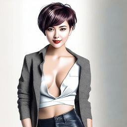 A sexy girl with short hair, depicted in a tasteful and artistic manner