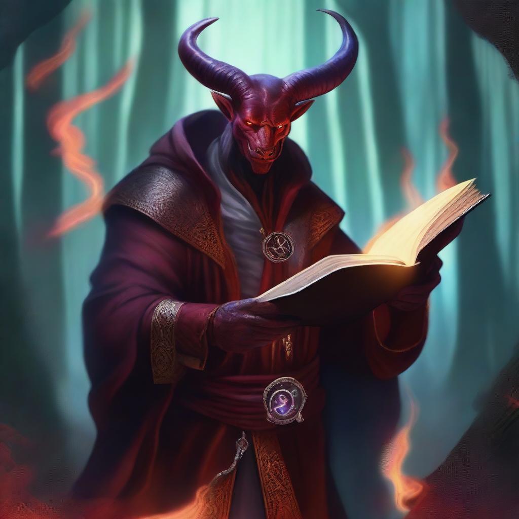 A male Tiefling with red skin and a long tail holding a magic book